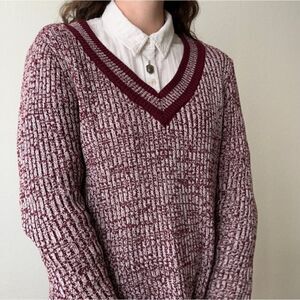 Maison Jules Marled Knit Sweater Burgundy V Neck Preppy Size S Dark Academia